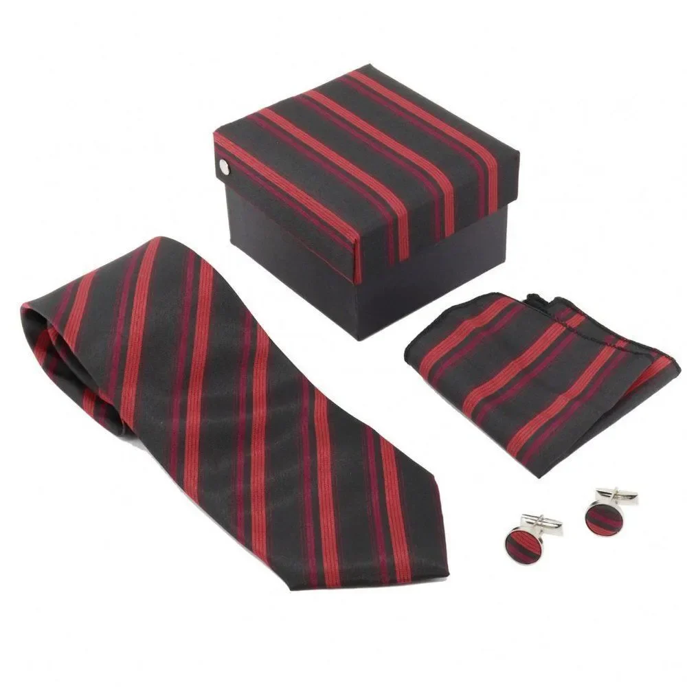 💠3-Pc Boxed Gift Tie Set Coordinated Print Cuff Links Pocket Square