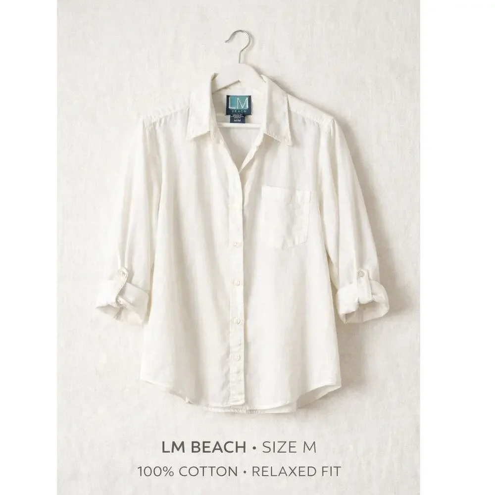LM Beach Button Up Shirt White Cotton Roll Tab Sleeve Relaxed Fit Medium