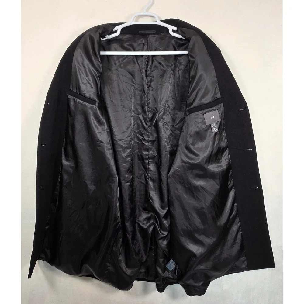 H&M Wool Blend Overcoat Mens XL Black Long Peacoat Trench Old Money Minimalist