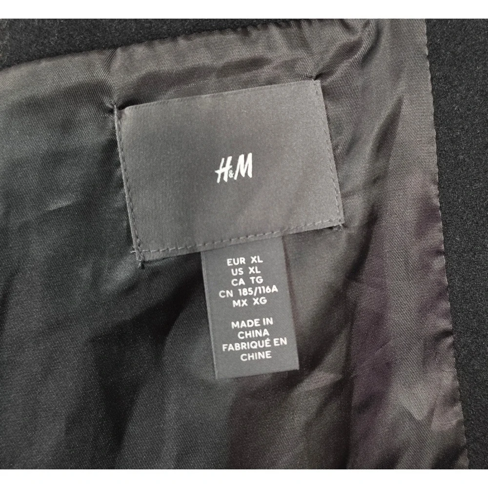 H&M Wool Blend Overcoat Mens XL Black Long Peacoat Trench Old Money Minimalist