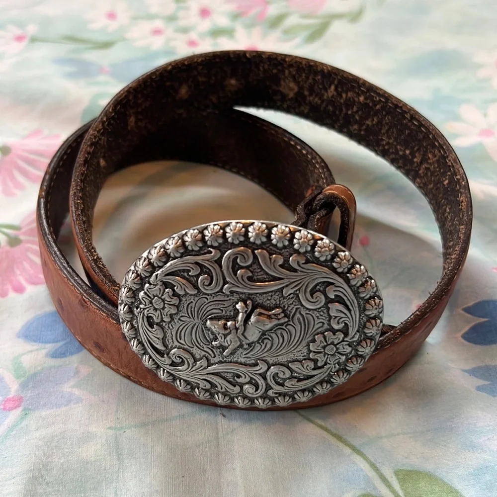 Wrangler Kids Brown Leather Belt with Silver Floral Oval Buckle