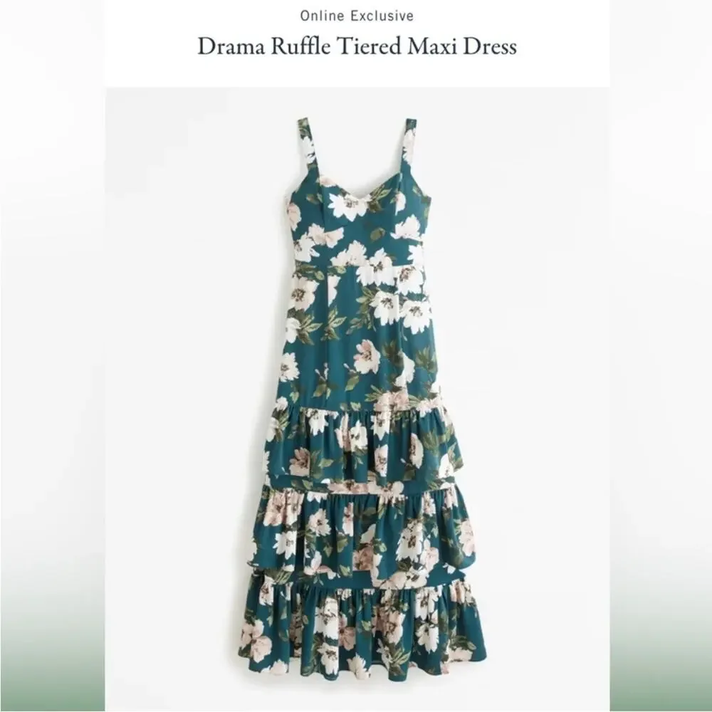 A&F Drama Ruffle Tiered Maxi Dress in Green Floral