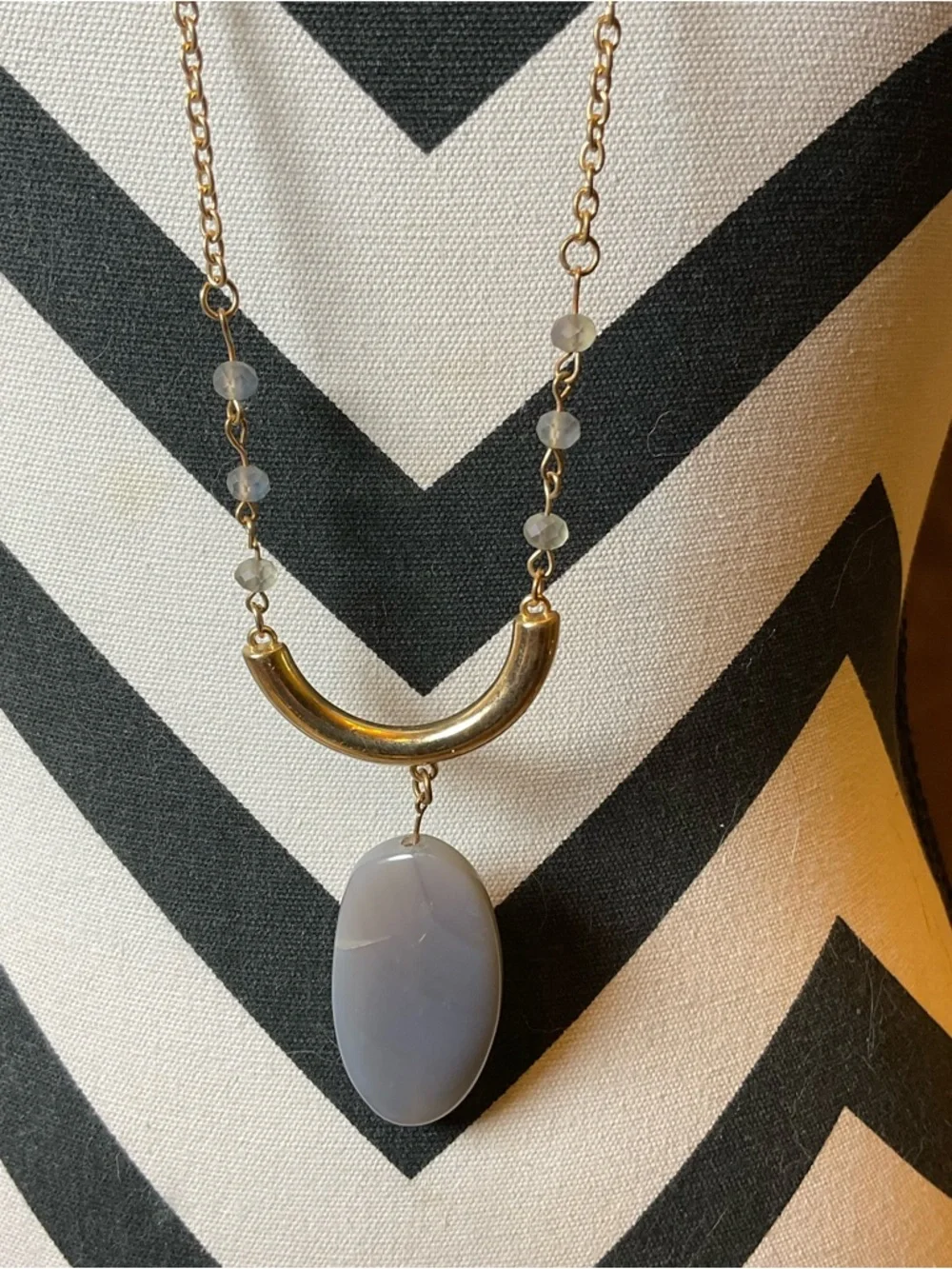 Gold Long Pendant Necklace with Gray Stone