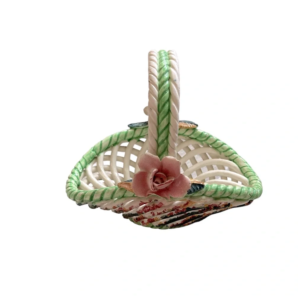 Porcelain Woven Basket Accent Decor Rose and Flowers Cottagecore Vintage Dainty