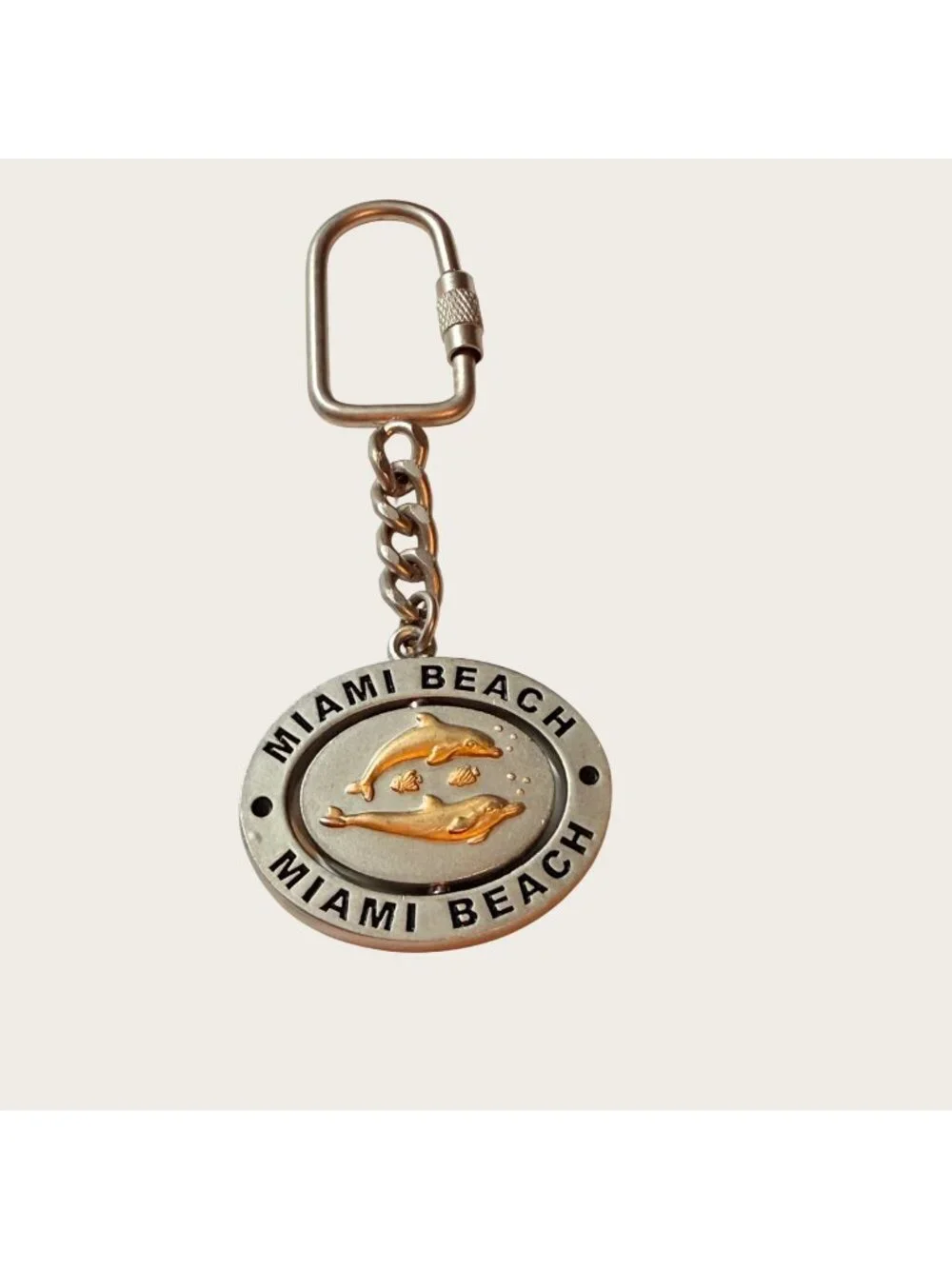Miami Beach Metal Keychain Keyring Bag Clip With Gold Dolphins Design Vacation