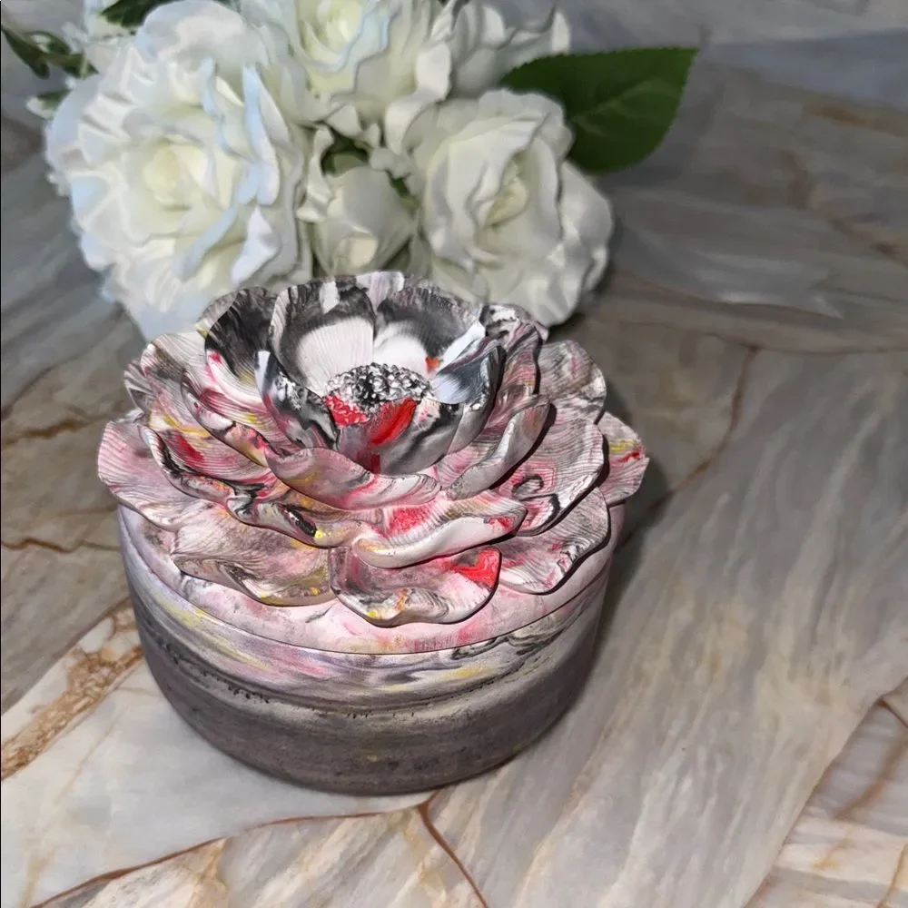 Floral Ceramic Jewelry Box - Pink and Gray