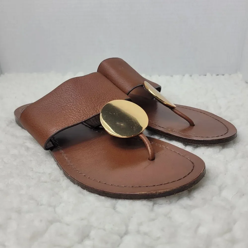 Tory Burch Patos Disk Womens Flip Flops Sandals Size 8.5 Brown Leather