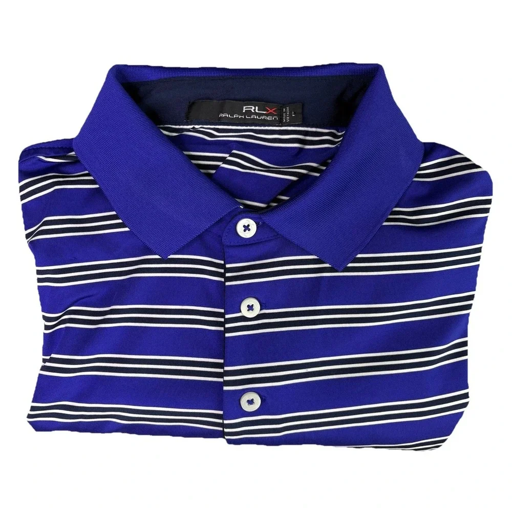 RLX Ralph Lauren Polo Shirt Mens Large Performance Golf Stretch Striped Blue