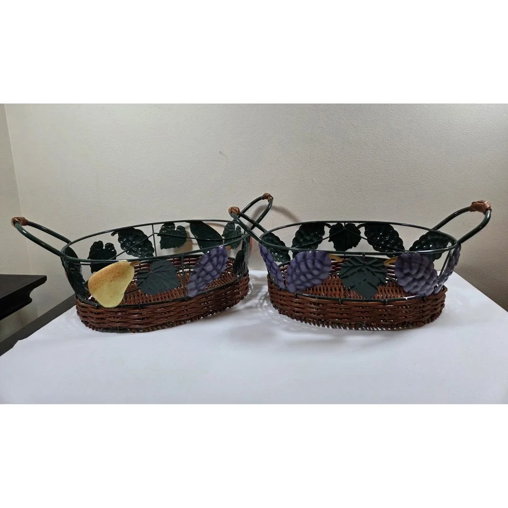 Vtg Pair Metal & Wicker Nesting Baskets W/Fruit Detail & Handles Oval Shape
