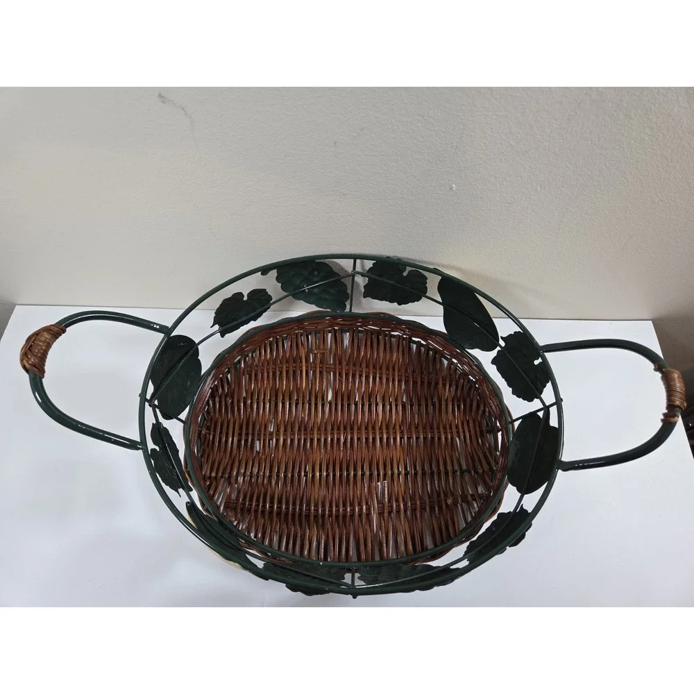 Vtg Pair Metal & Wicker Nesting Baskets W/Fruit Detail & Handles Oval Shape