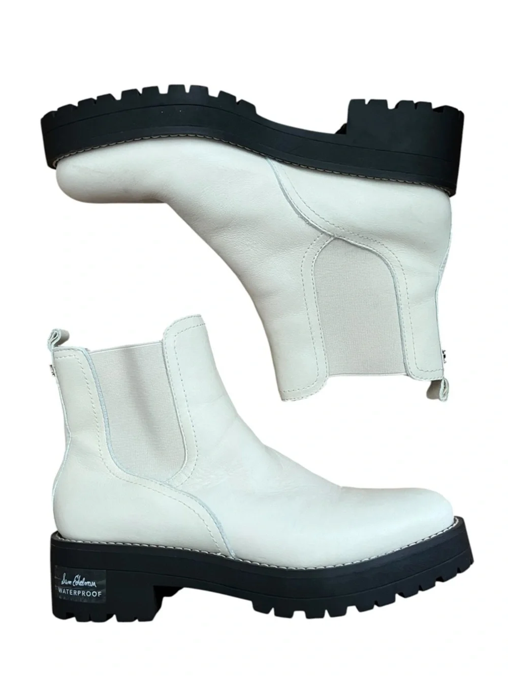 Sam Edelman Justina Waterproof Ivory White Leather Chelsea Boots Lug Sole Size 7