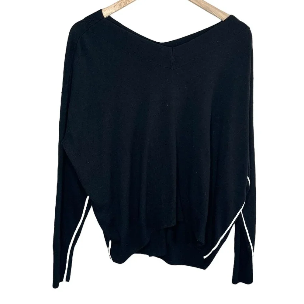 Chelsea28 Black V-Neck Sweater With White Stripes Size S cashmere blend