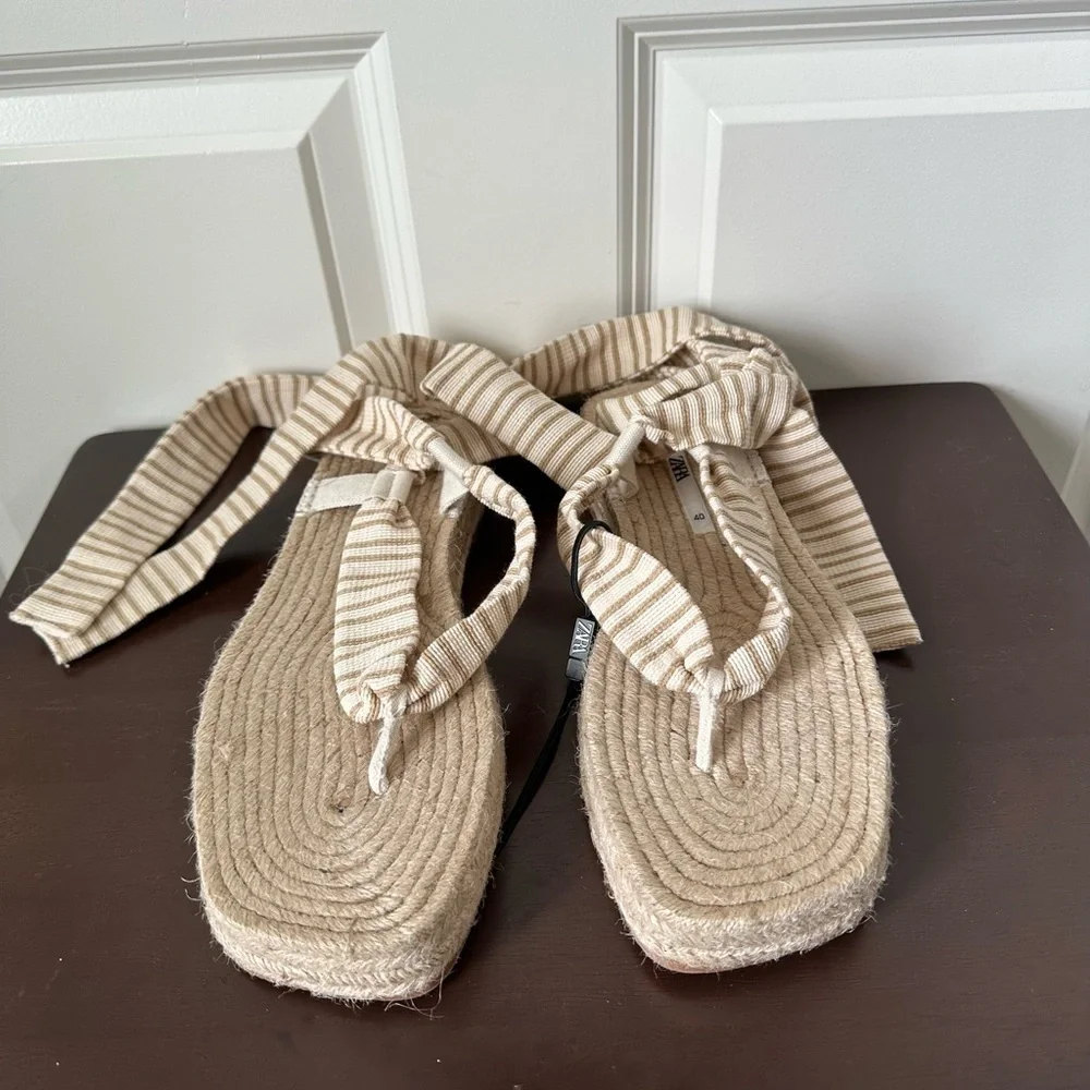 Zara Lace Up Striped Espadrille Sandals 40 , US 9.5