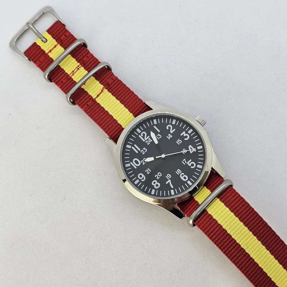 Men's 42MM Field Watch Black Dial Gray‎ Case Red Yellow Canvas Band Strap