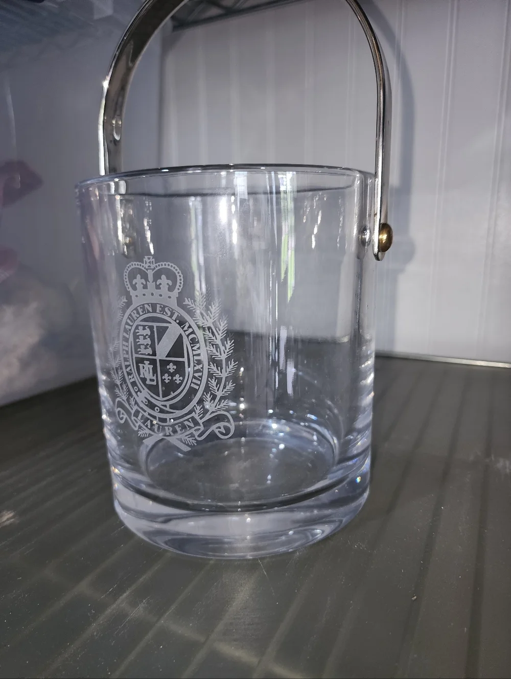 RALPH LAUREN CRYSTAL ICE BUCKET CLEAR WITH GOLD METAL HANDLE CLASSIC CREST LOGO