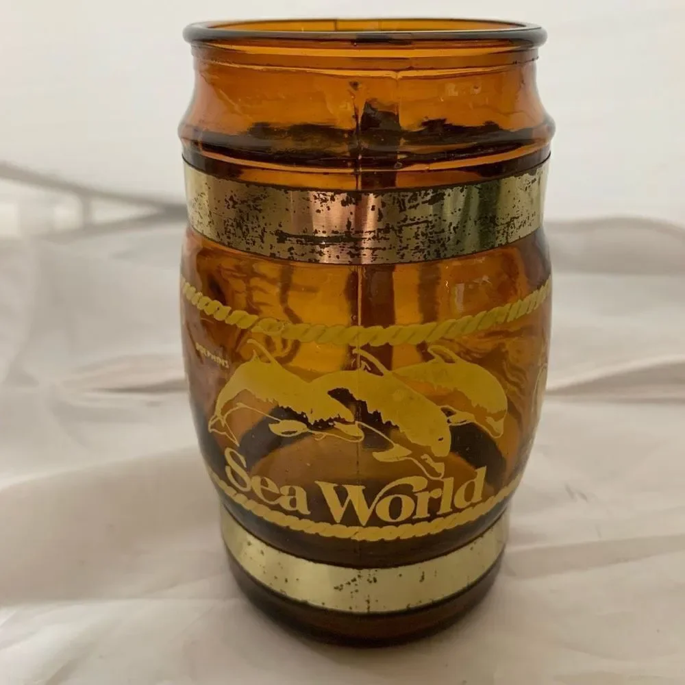 Vintage 1980 Sea World Souvenir Brown Glass Mug Wood Handle