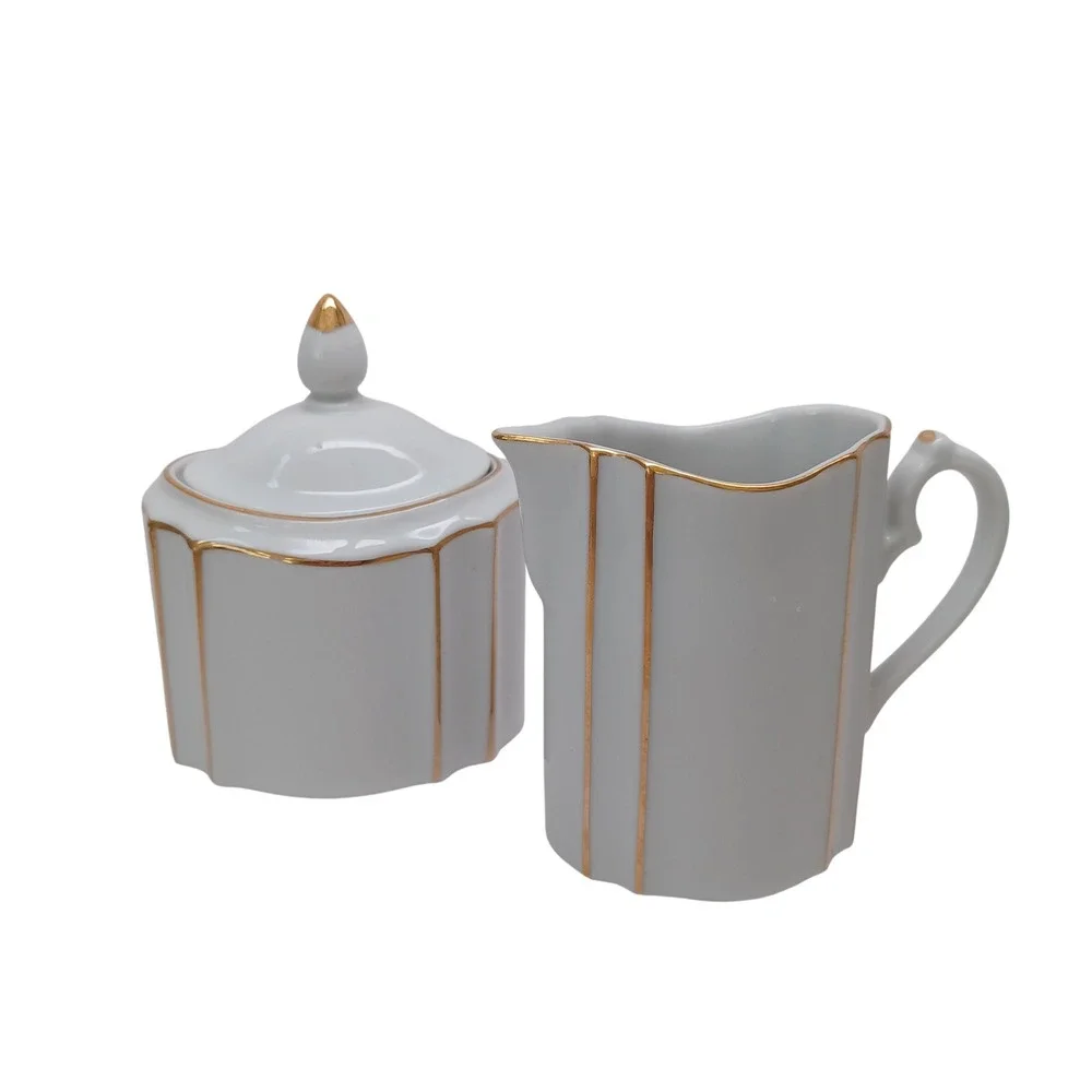 Lord & Taylor Vintage Porcelain Sugar Bowl and Creamer Set Gold Gilt Japan White