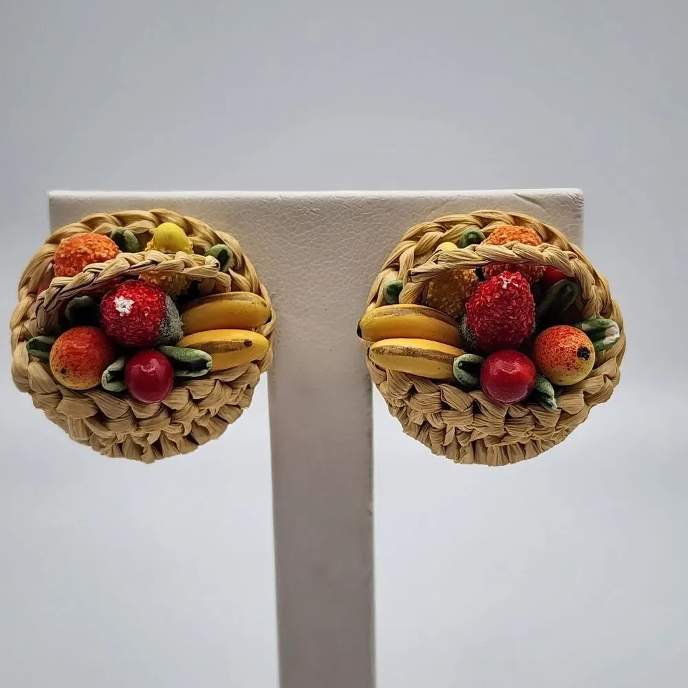 Vintage Western Germany Fruit Basket Clip-On Earrings