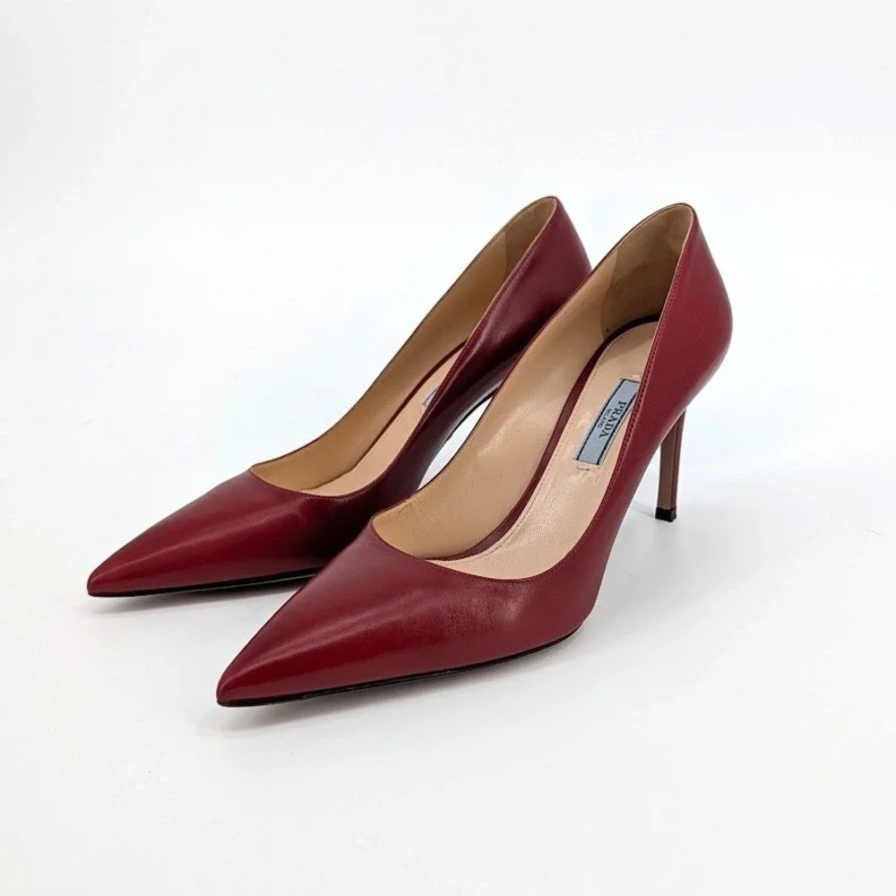 Prada Red Leather Pointed Toe Pumps Stiletto Heels Made in Italy Size 38.5