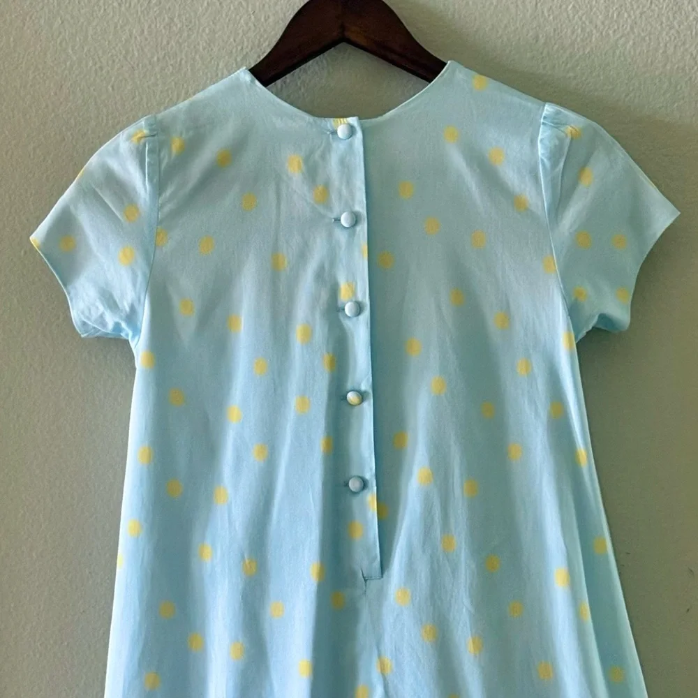 OSCAR DE LA RENTA Cotton Short Sleeve Polka Dot Dress | Blue & Yellow | 14Y
