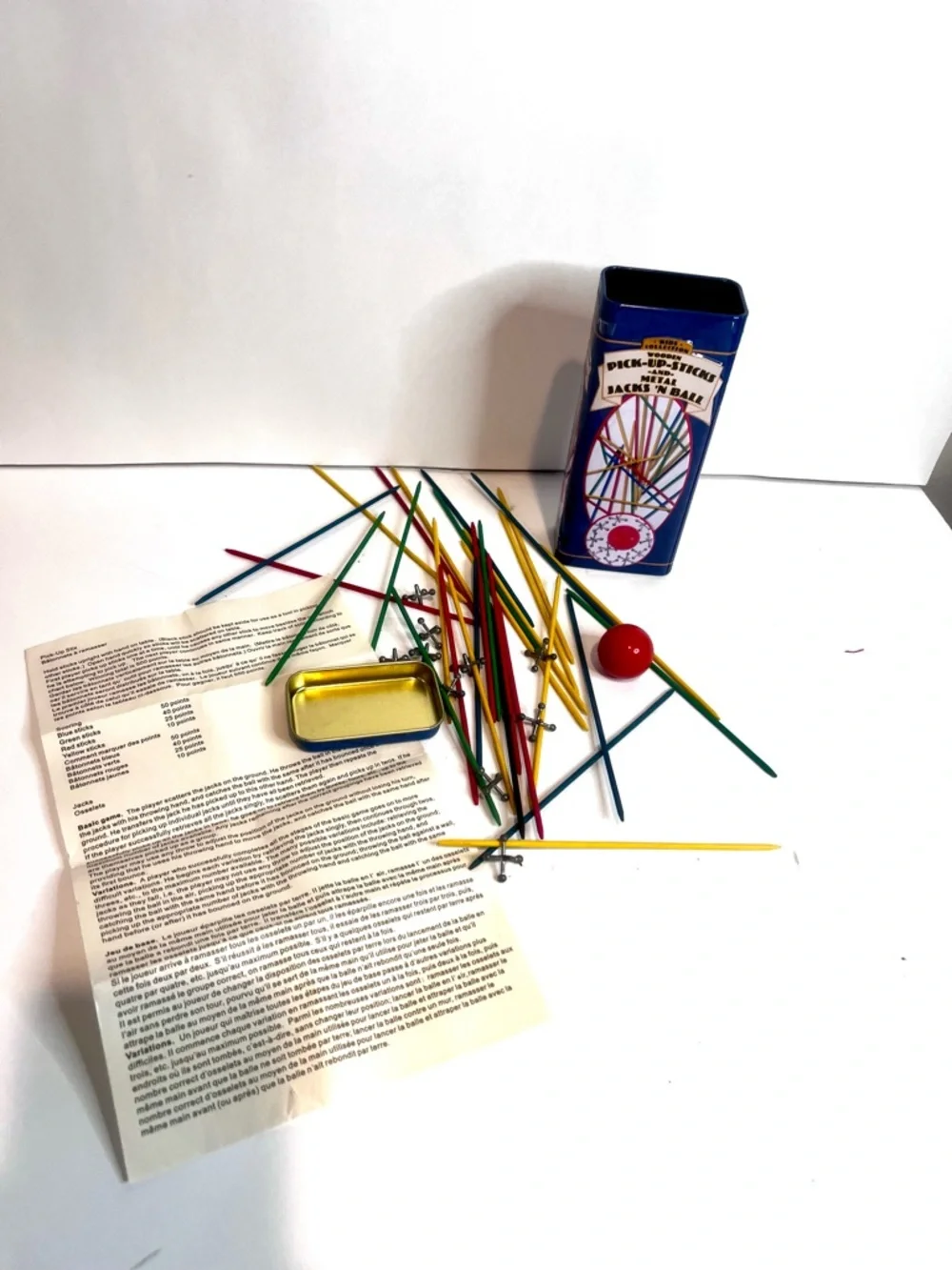 Vintage Pick-Up Sticks & Metal Jacks Game Set Tin Kids Collection Complete NOB