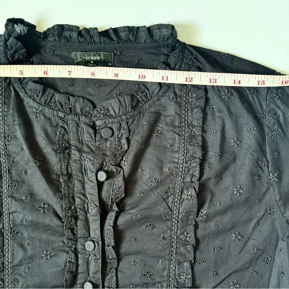 J.Crew Ruffle Eyelet Long Sleeve Shirt Black Cotton Small
