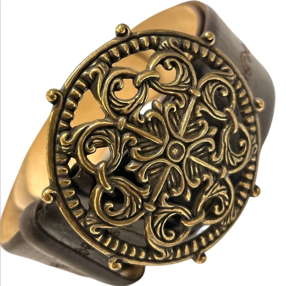 Vintage Moroccan Style Leather Belt with Medieval Buckle Brown Size L