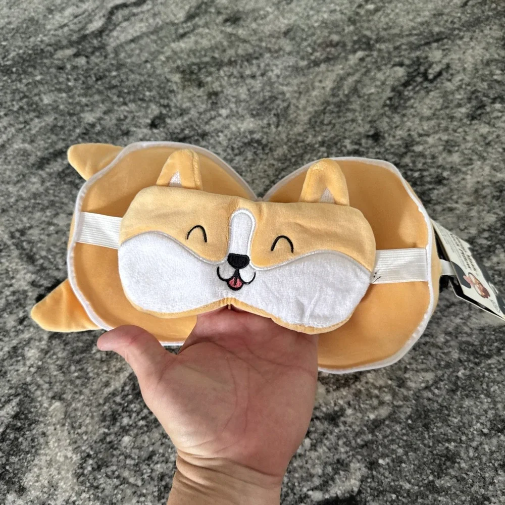 Round Soft Corgi Travel Sleep Mask and Neck Pillow New with Tags