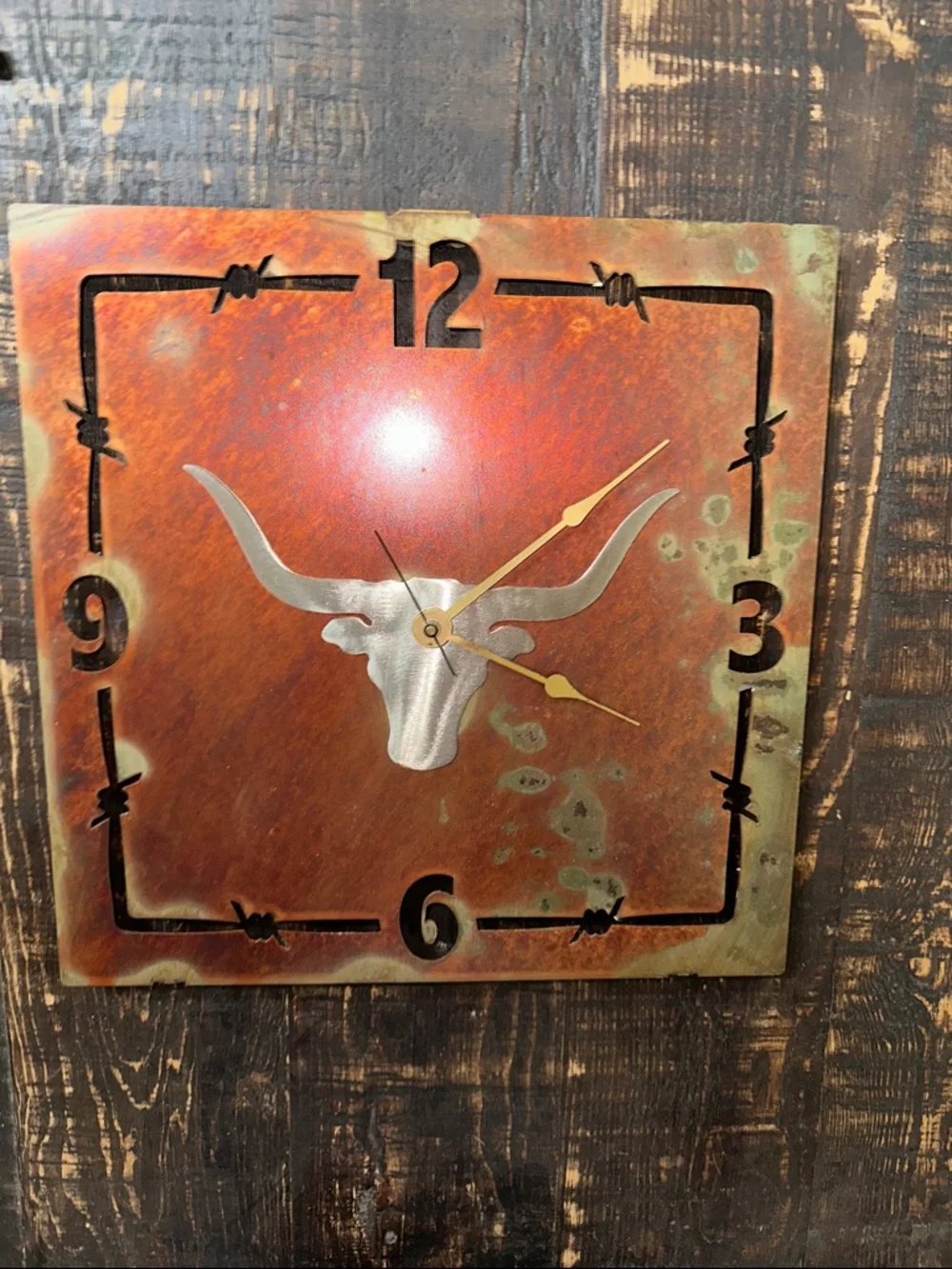 Western Longhorn Metal Wall Clock in Rust Red
