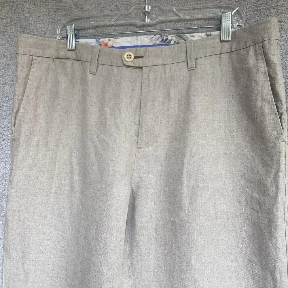Tommy Bahama Beach Linen Pants Stone Khaki Mens 36x32 Flat Front Pocket Zip