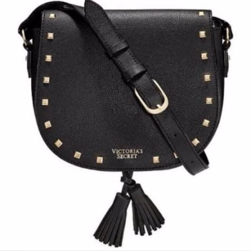 Victoria’s Secret Studded Black Crossbody Tassel fx leather Bag Adjustable Strap