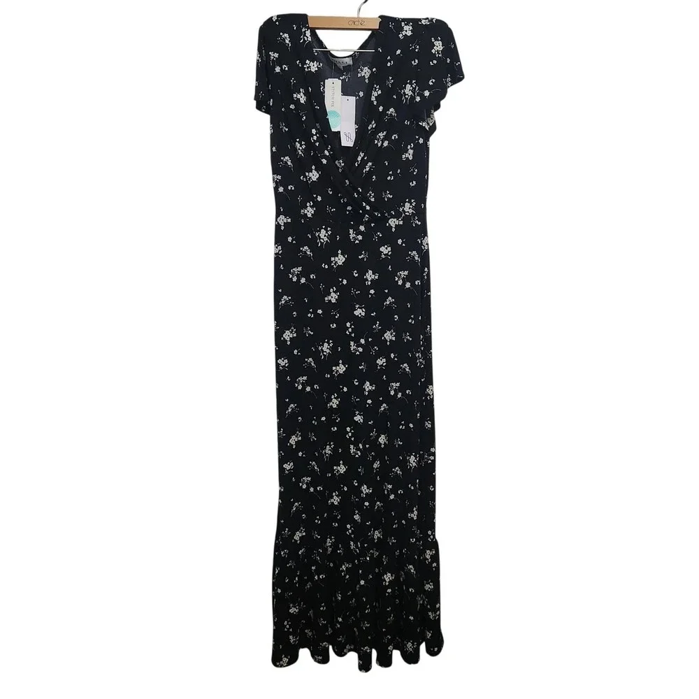 Gilli Short Sleeve V Neck Maxi Dress Black‎ Floral Print Womens Size Medium