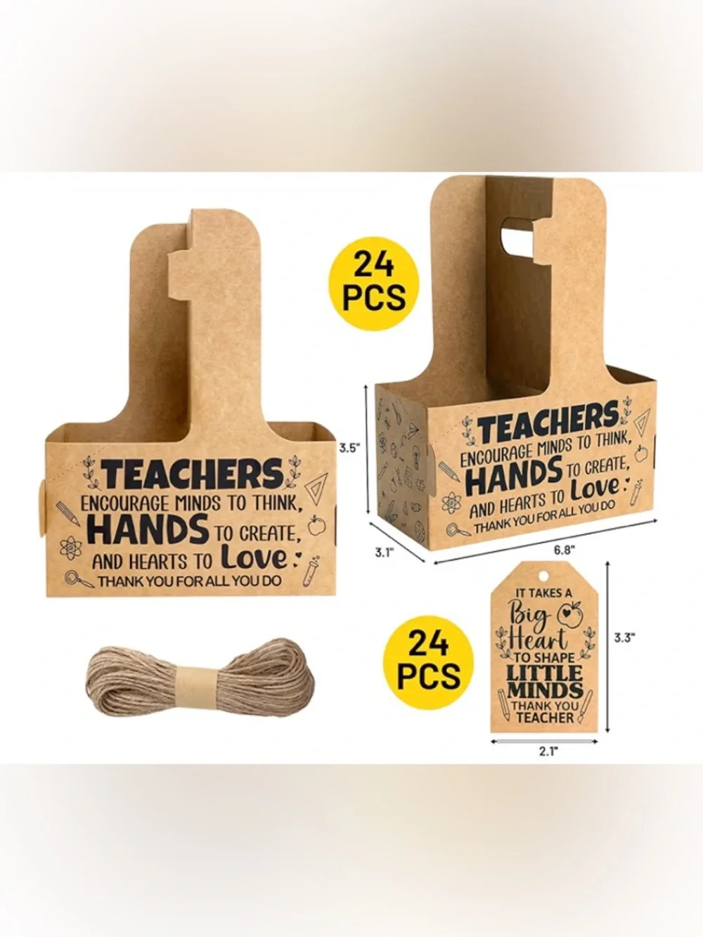 ❤️New - Teacher Appreciation Gift Set 24pc – Kraft Cup Holder w/Tags & Ribbon🍎✏️