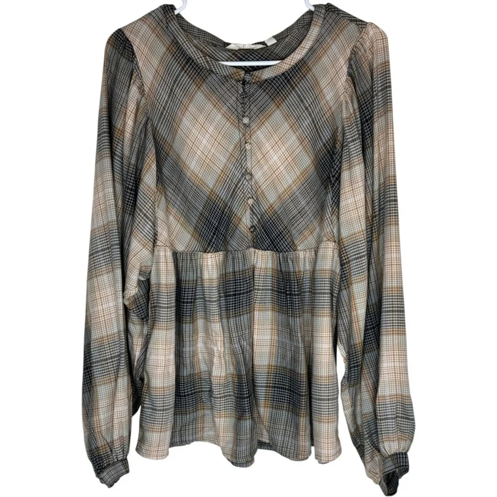 Me by Jennie Garth Drapey Flannel Blouse Womens Medium Brown Black Plaid A664756