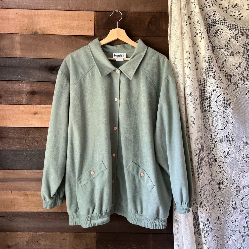 Vintage 80s Seafoam Green Soft Button Up Teddi Lightweight Jacket Plus Size