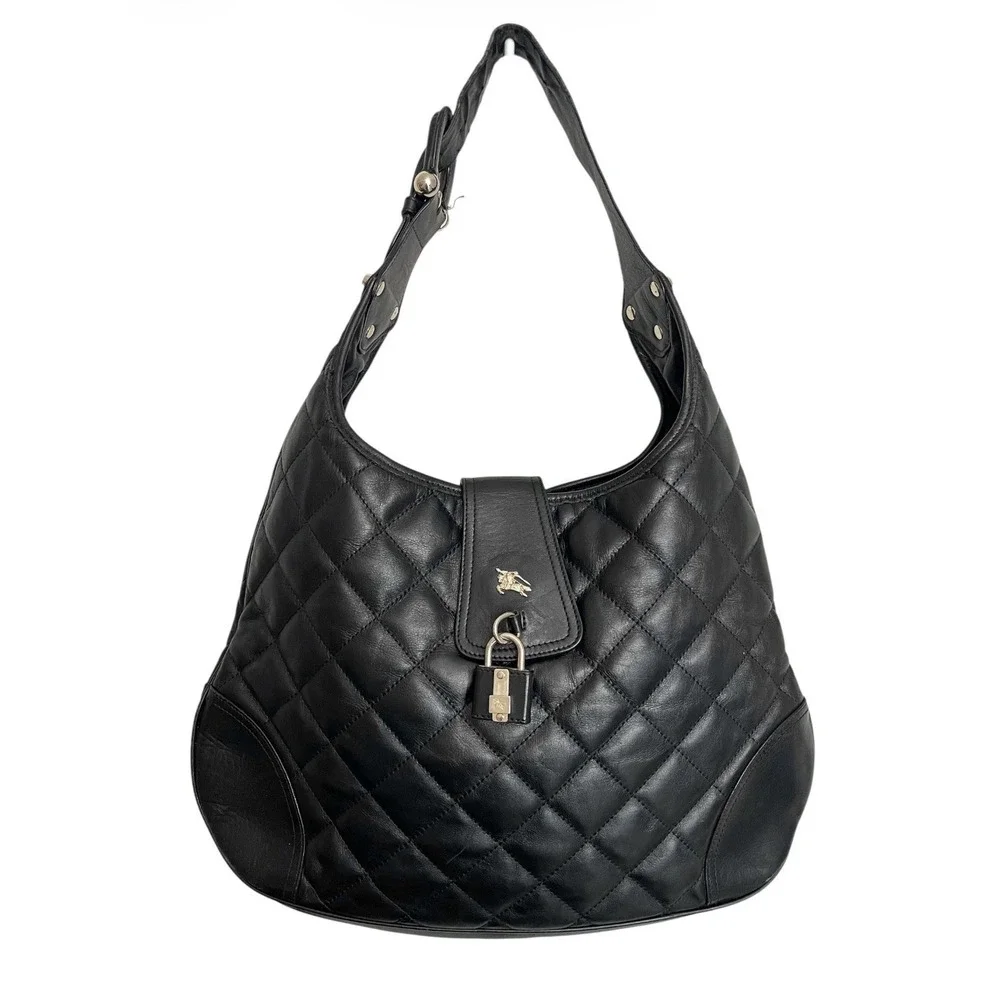 Y2K Burberry Brooke Padlock Black Quilted Leather Hobo Handbag Purse Equestrian