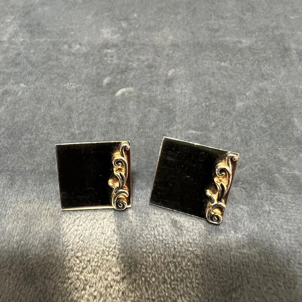 Vintage Swank Gold Tone Square‎ Cufflinks Scroll Design Detail Mid Century