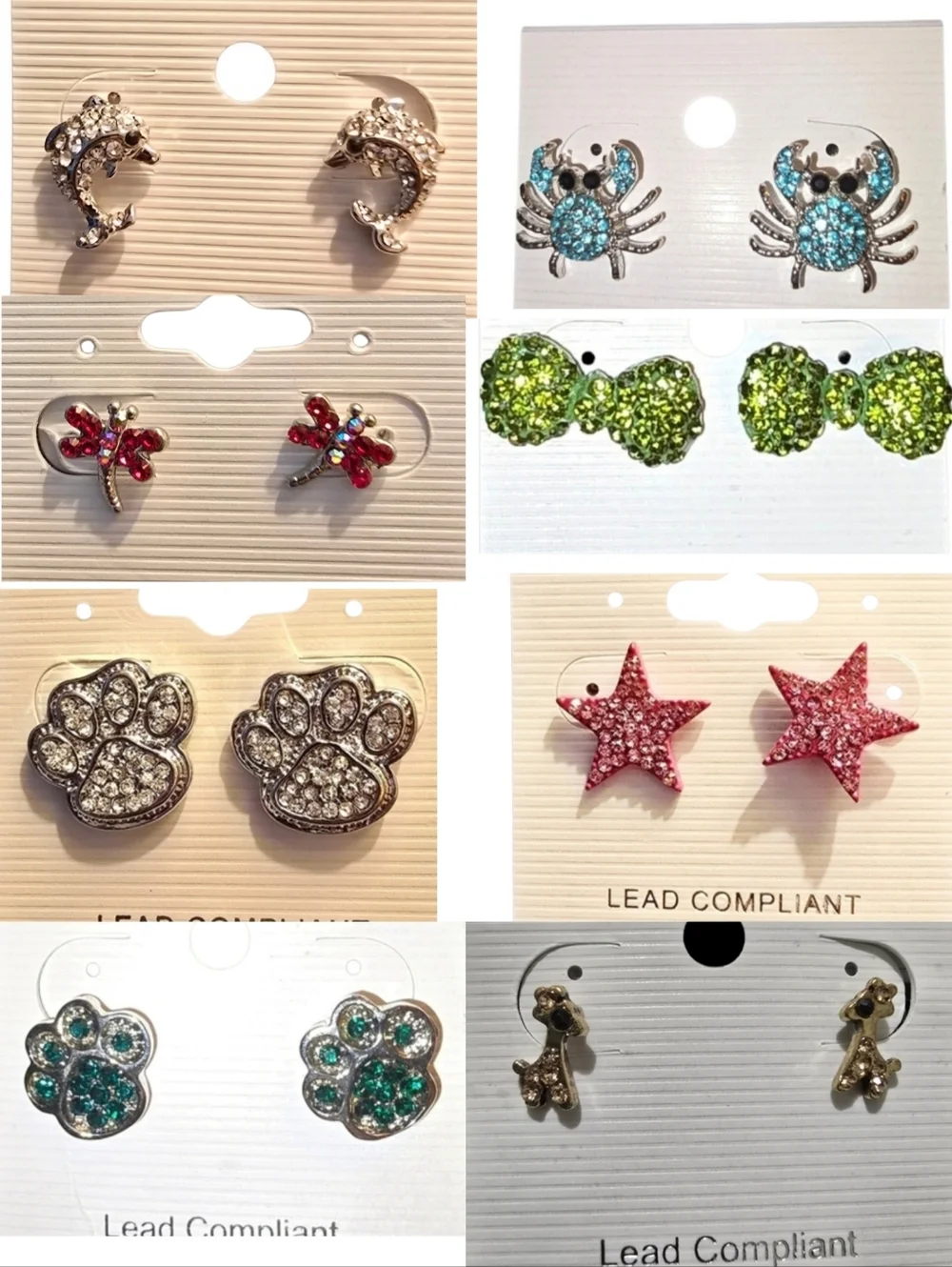Rhinestone Stud Earrings Pick- Dolphin Star Crab Bow Paw Dragonfly Giraffe NWT