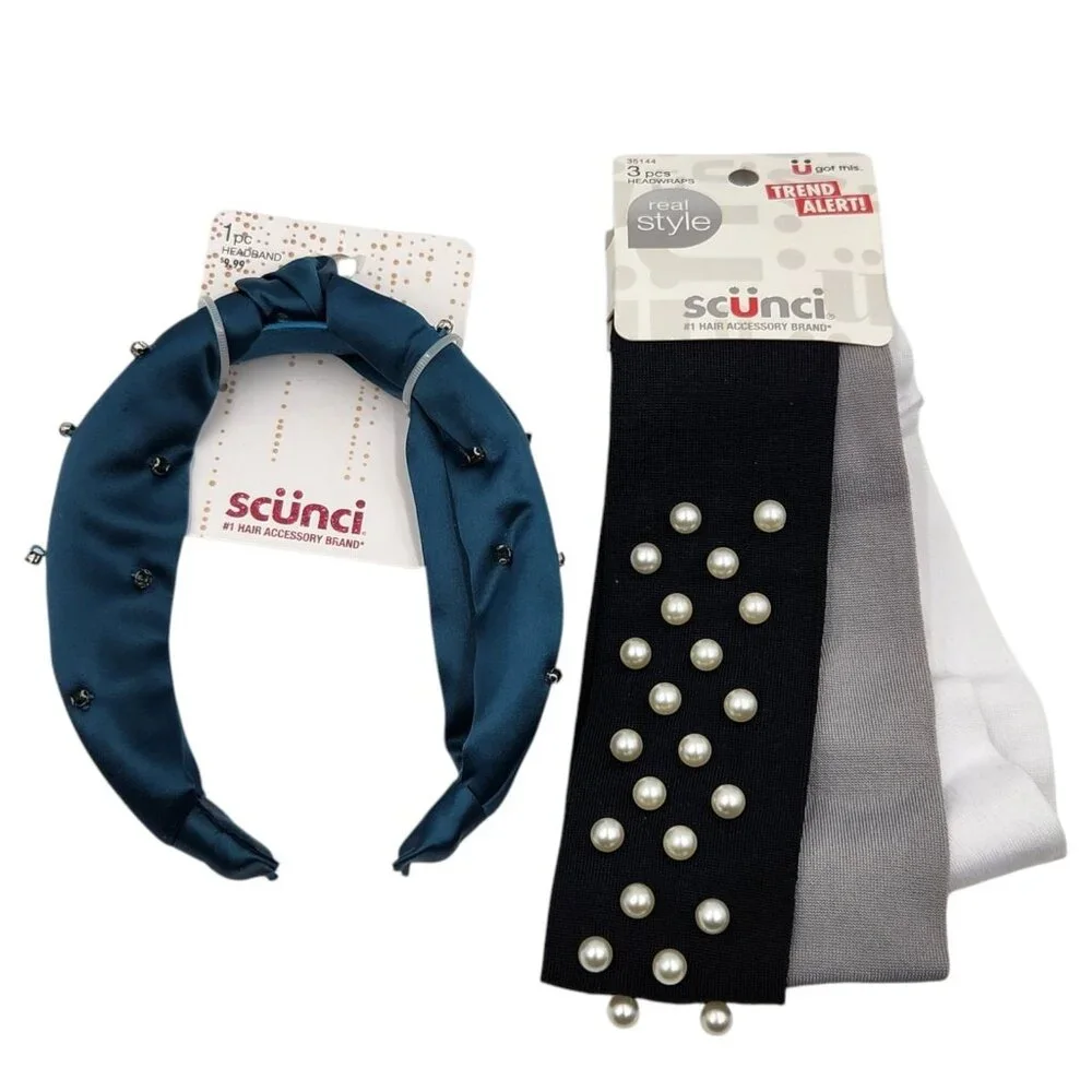 Scunci Deep Teal Fabric‎ Hair Headband and 3 Pcs Headwraps Set Jewels