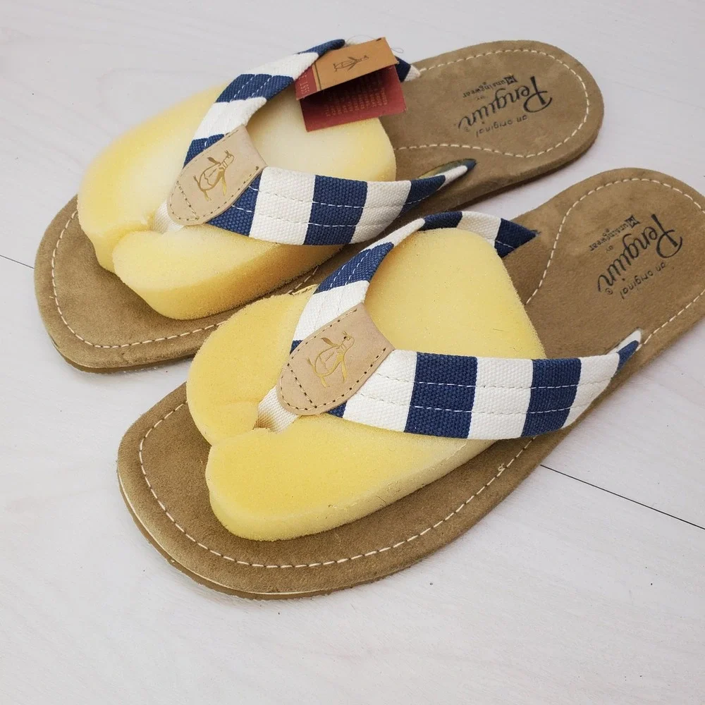 Original Penguin Mens Stripe Flip Flop‎ Sandals Blue White Size 11 Preppy Retro