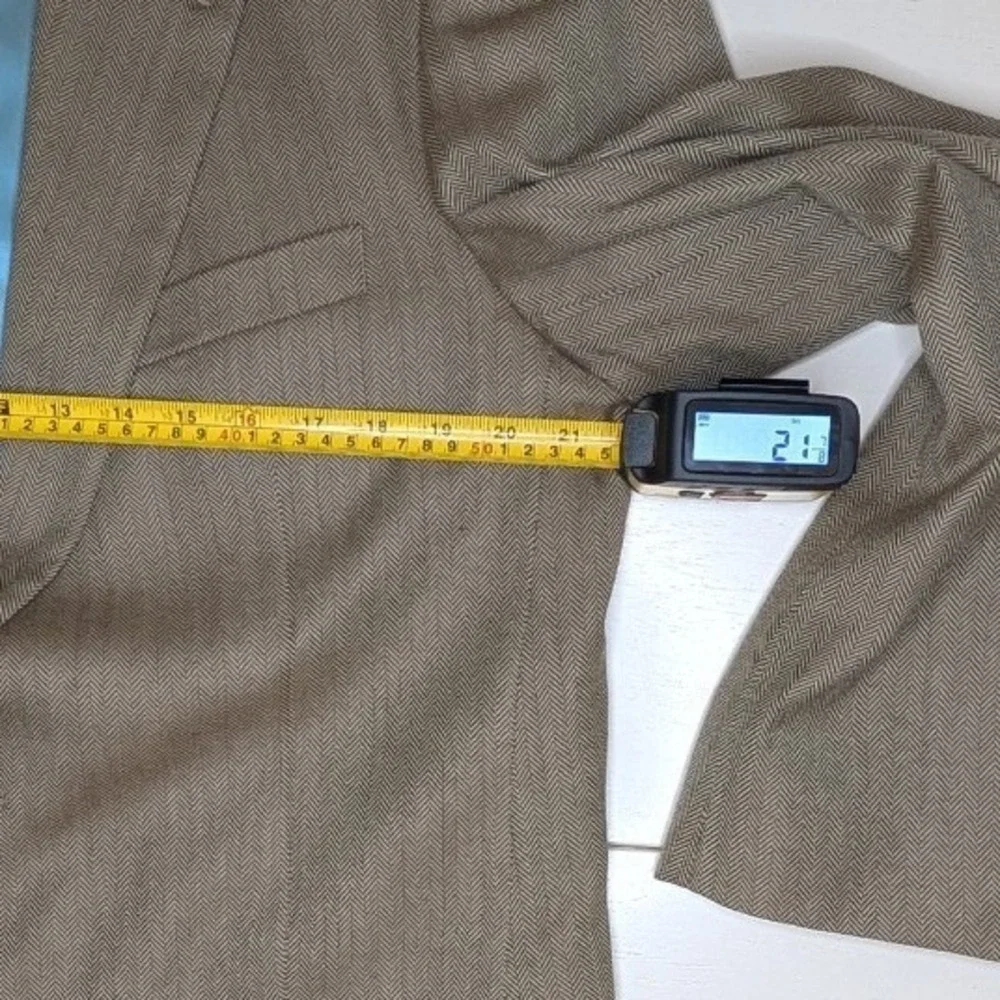 Alan Flusser Sport Coat Mens 42L Tan Silk Worsted Wool Herringbone Blazer Jacket