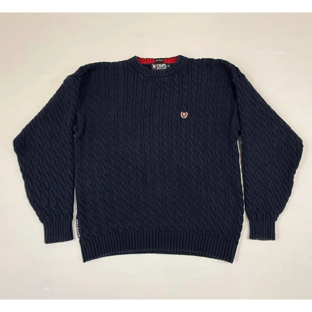 Vintage Chaps Ralph Lauren Golf Navy Blue Cable Knit Cotton Sweater Mens Size XL