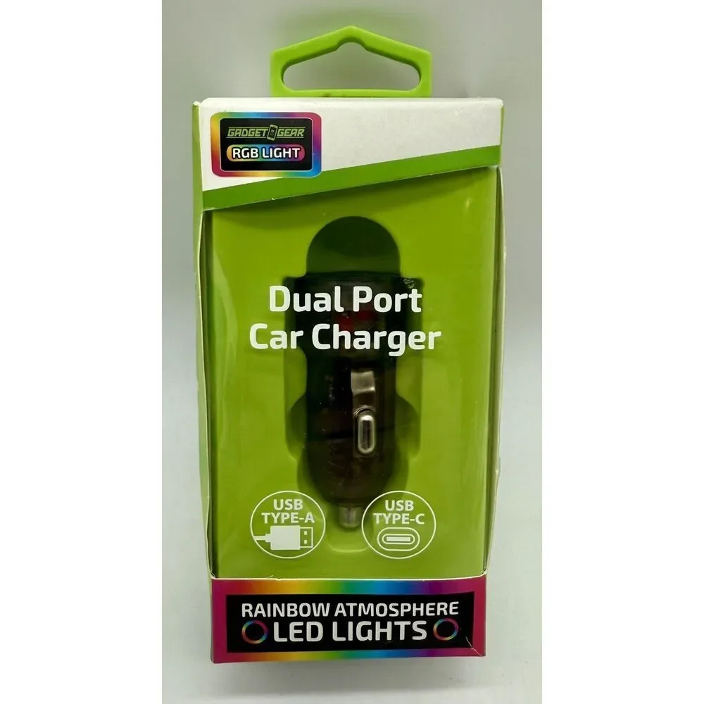 Gadget Gear Dual Port USB & USB-C Car‎ Charger With Rainbow LED Lights 38W