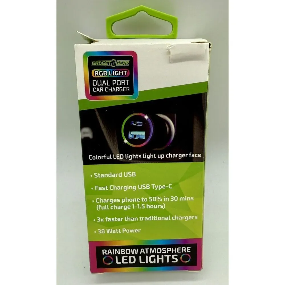 Gadget Gear Dual Port USB & USB-C Car‎ Charger With Rainbow LED Lights 38W