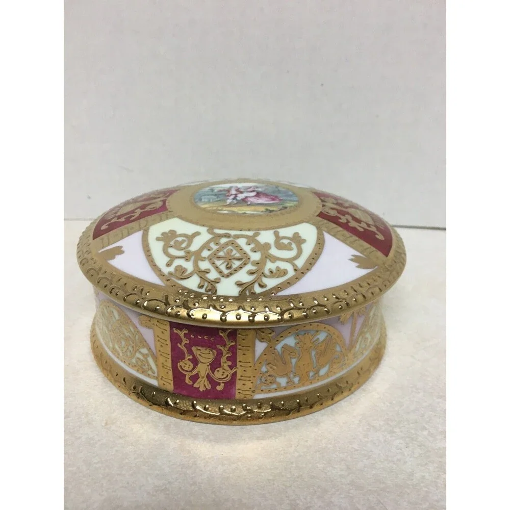 Vintage Fine Porcelain Gold Multi Color Victorian Couple Round Trinket Box 4.5