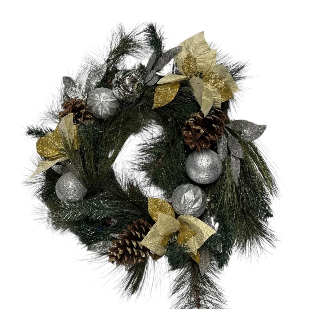 Christmas Wreath Holiday Pine‎ Cone Ornament Gold Silver Decor 15 Inch