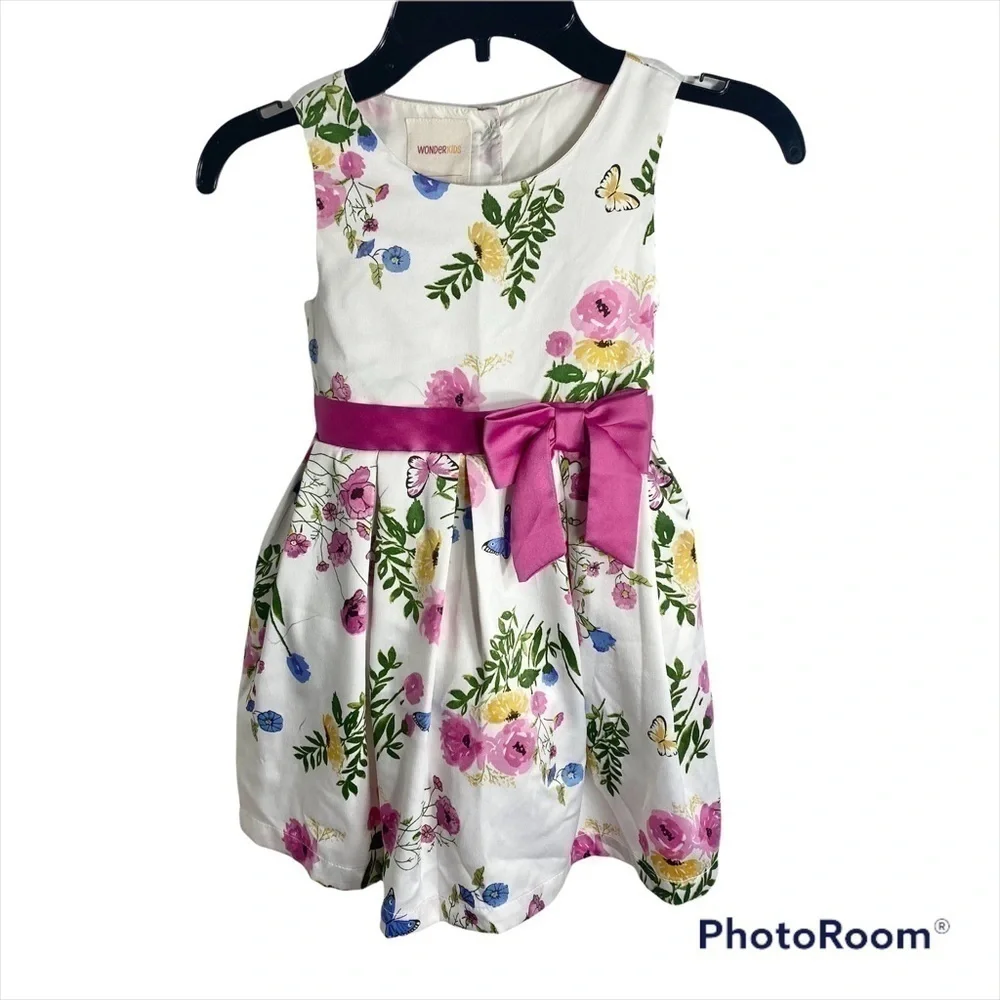 Wonder Kids Floral Dress Sz 3T Easter White Pink Blue Yellow
