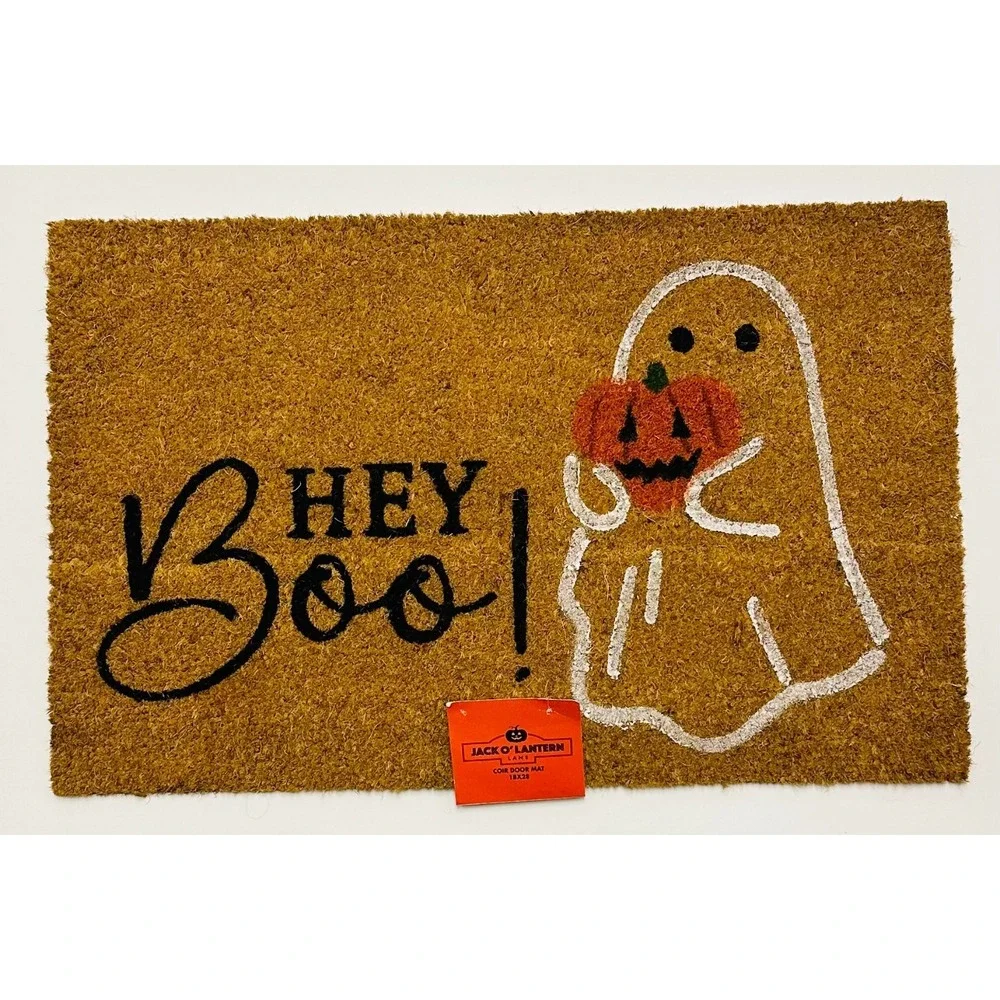 Jack O' Lantern Lane Coir 18x28 Doormat Hey Boo White Ghost w Orange Pumpkin NWT
