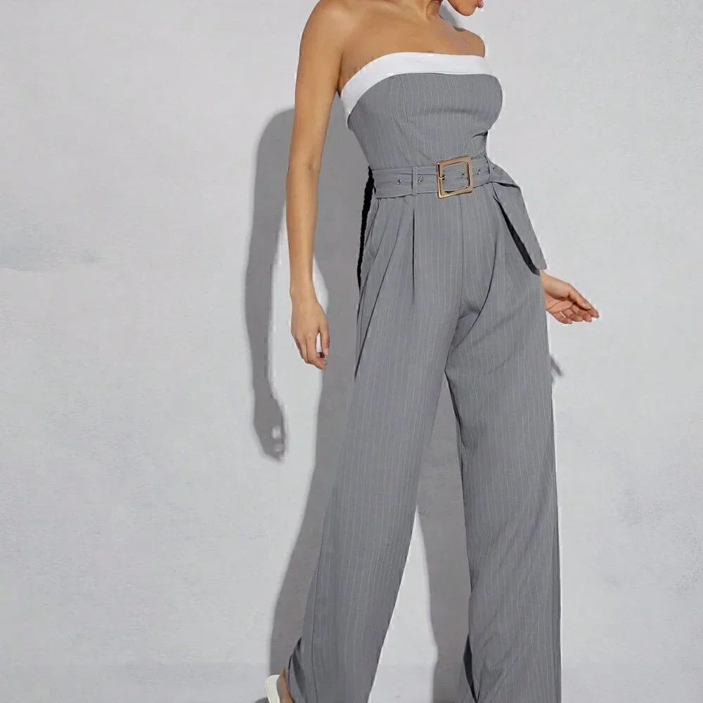 Grey Preppy Womens Pinstriped Tube Belted Jumpsuit