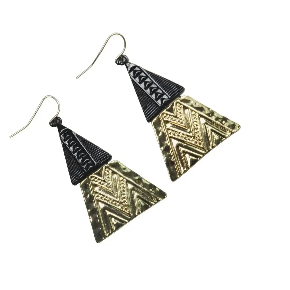 1980s Vintage Funky Gold & Black Tribal Aztec Geometric Triangle Earrings